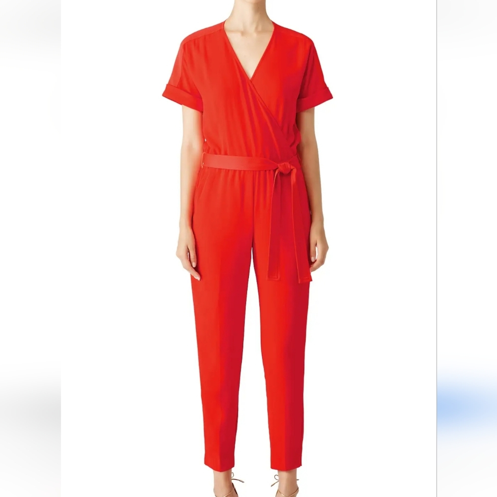 Trina Turk Red Wrap Jumpsuit Plus Size V Neck Small Cuff With Belt Size 14